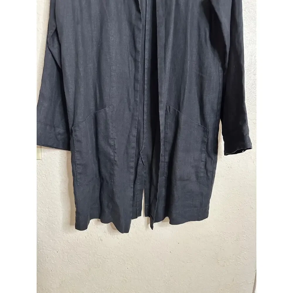 Black Ficus Linen Trench Almond in Black Mens S Longline Duster Open Front